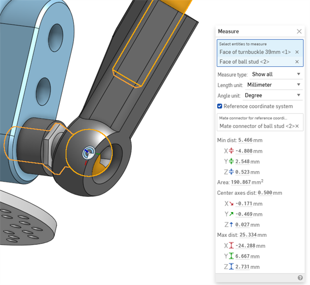 Measurements with custom origin as defined by the selected mate connector