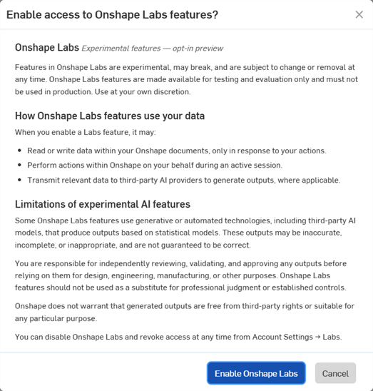 Enable access to Onshape Labs features page