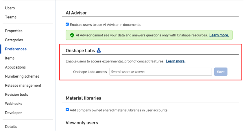 Company settings: Preferences - Onshape Labs
