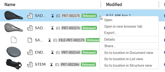 Menu contextuel des résultats de recherche