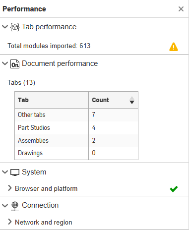 Performance panel in a Feature Studio