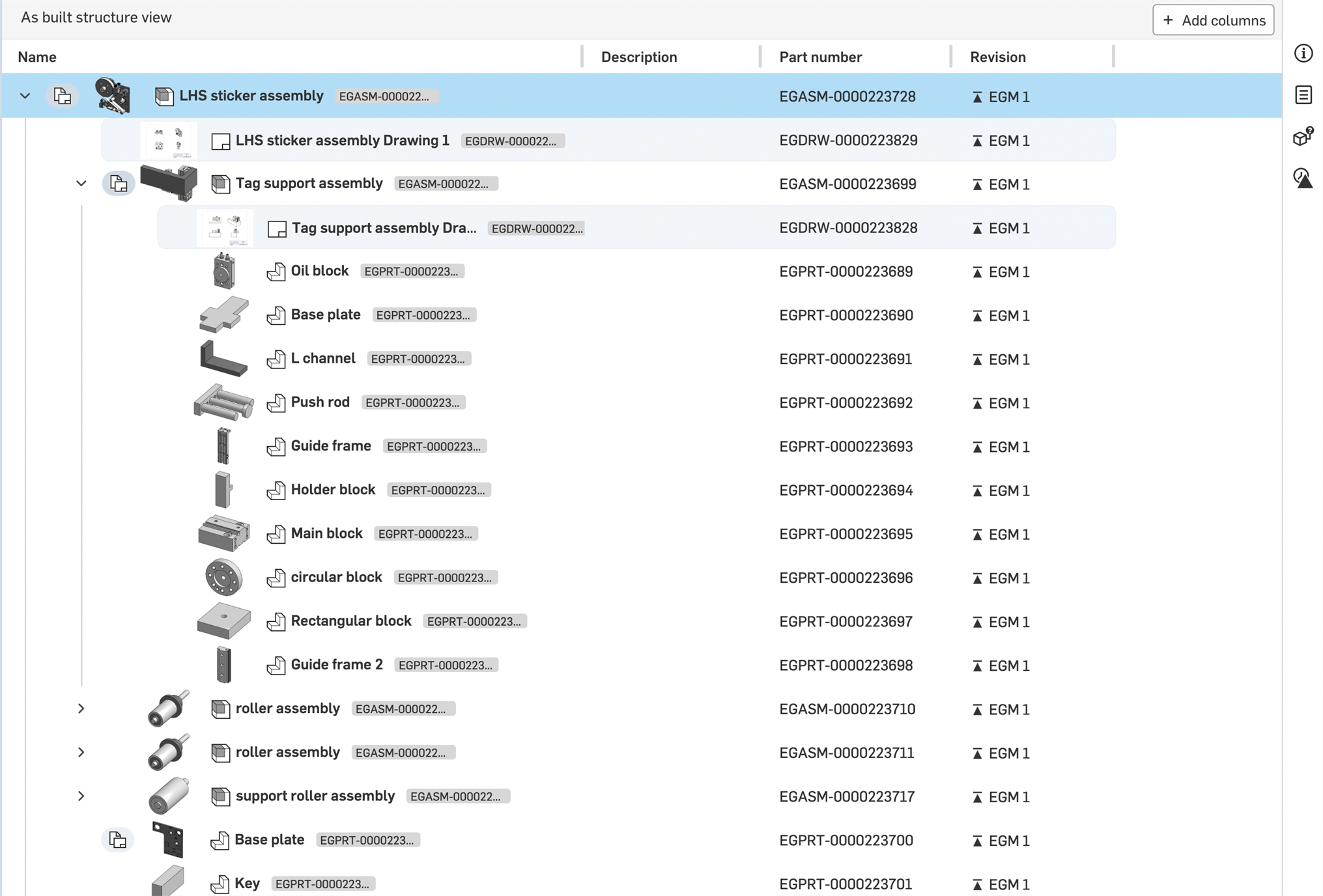 Tableau de la vue Structure telle que construite