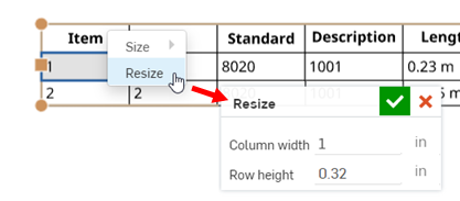 Redimensionnement d'une cellule de tableau de liste de coupe