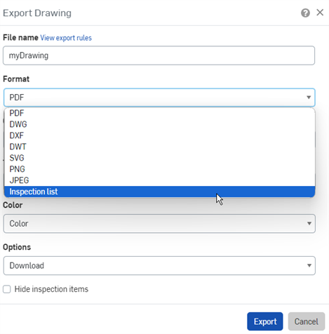 Exemple de sélection de la liste Inspection dans la liste déroulante Exporter du champ Format du dessin