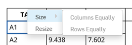 Perçage table context menu options