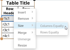 Menu contextuel de la table avec Harmoniser les colonnes et Taille en surbrillance