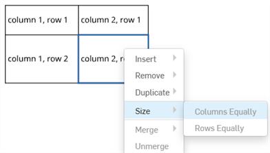 Menu contextuel de la table avec Harmoniser les colonnes et Taille en surbrillance