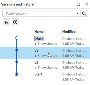 Opening a version from the Versions and history panel