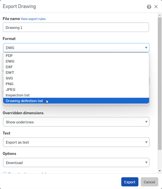 Boîte de dialogue Exporter le dessin, en sélectionnant la liste des définitions de dessin
