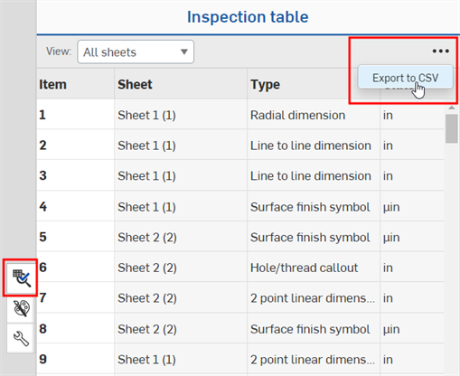 Exporter au format CSV à partir du tableau d'inspection