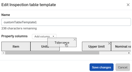 Boîte de dialogue Modifier le modèle de tableau d'inspection