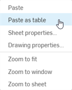 Sélection de Coller en tant que tableau dans le menu contextuel Dessin