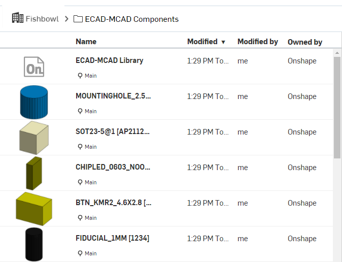 Example showing a new board and components in an Onshape document