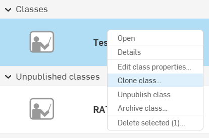 Menu RMB sur une classe avec l'option Cloner la classe en surbrillance