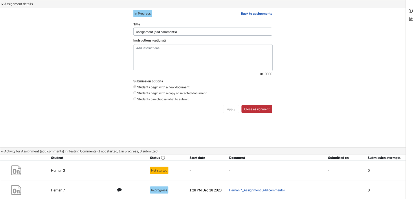 Capture d'écran du panneau Détails des devoirs