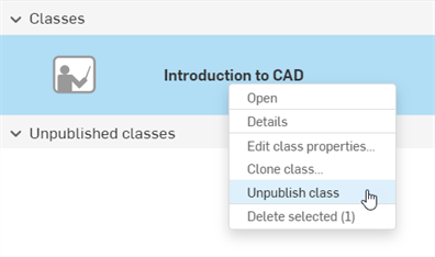 Annuler la publication d'une classe depuis le menu contextuel