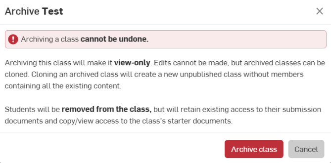 Boîte de dialogue Archiver une classe
