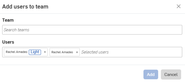 Screenshot of the Add users to team dialog box