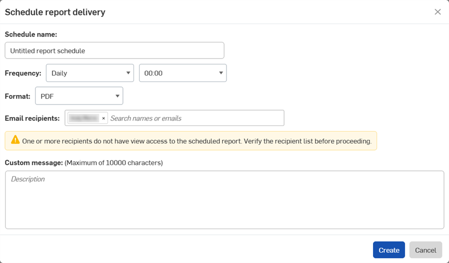 Schedule report delivery warning
