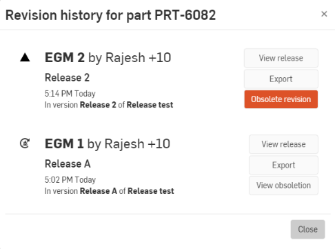 Example of Revision history for the selected part showing the object's automatic obsoletion