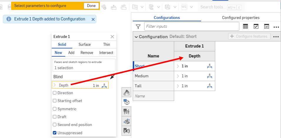 Selecting the Depth parameter in the Extrude dialog as a configuration parameter