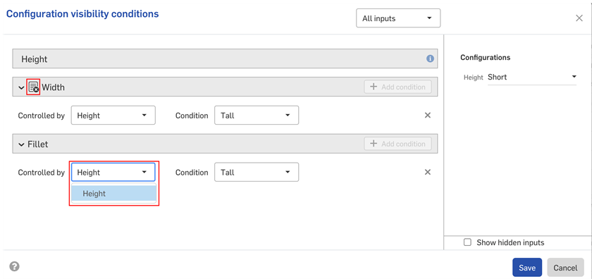 Menu d'options supplémentaires dans le panneau Configurations avec la condition de visibilité en surbrillance