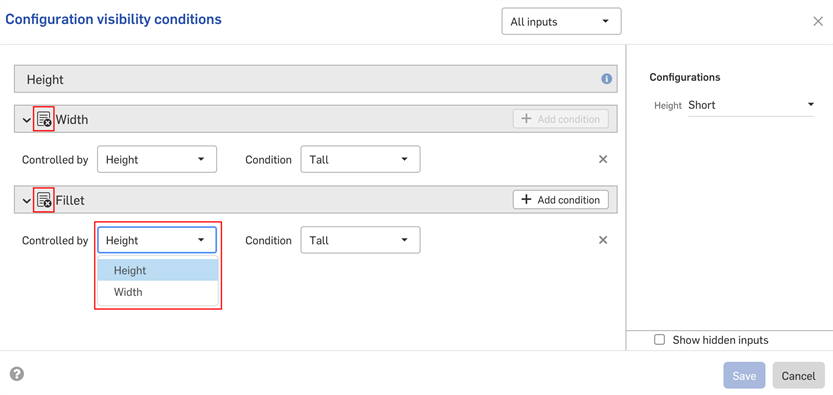 Menu d'options supplémentaires dans le panneau Configurations avec la condition de visibilité en surbrillance