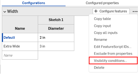 Menu d'options supplémentaires dans le panneau Configurations avec la condition de visibilité en surbrillance