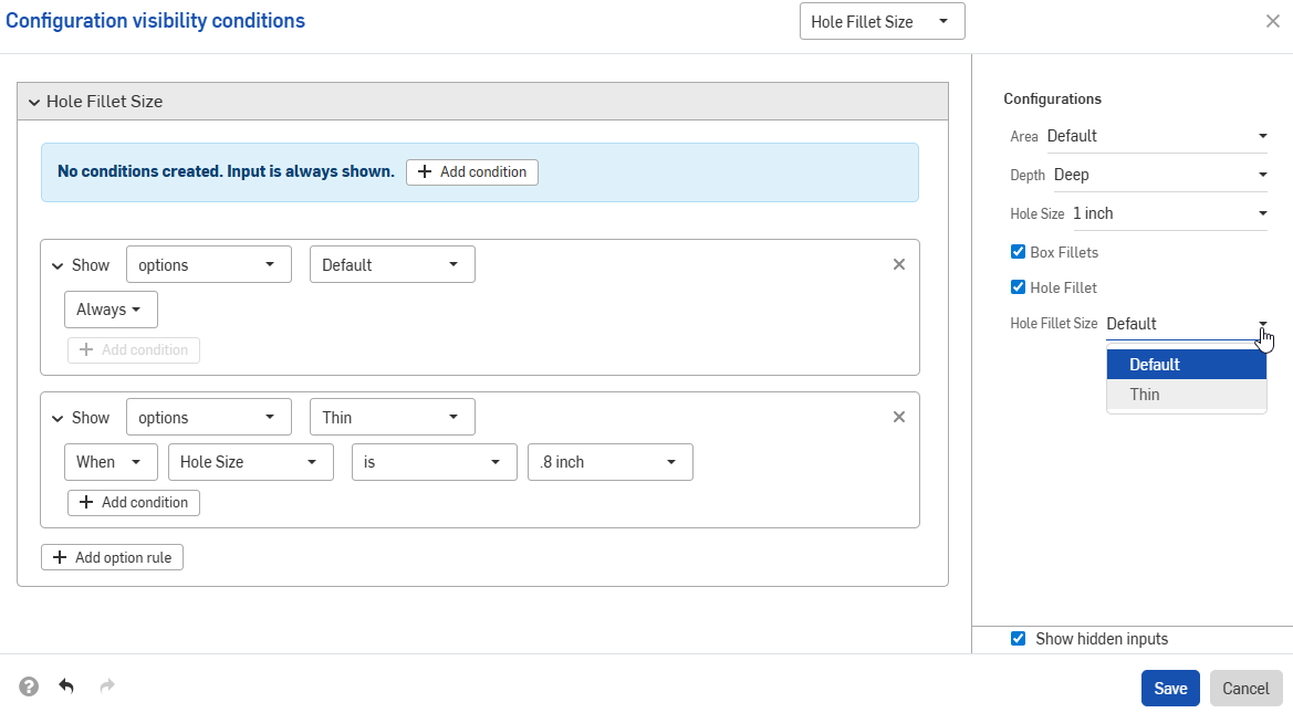 Configuration visibility conditions dialog showing option rules set to show Always and When certain conditions are met.
