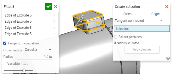 Example of selection within the Fillet Feature