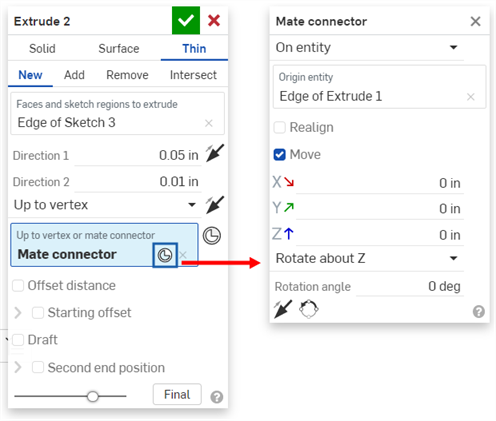 Cliquez sur le connecteur de positionnement dans la boîte de dialogue Extruder pour ouvrir la boîte de dialogue du connecteur de positionnement et modifier la contrainte