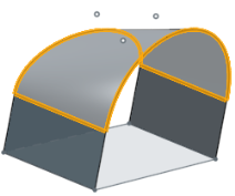 Example of edges of surface and two bridging curves selected as boundaries, resulting in a new surface created