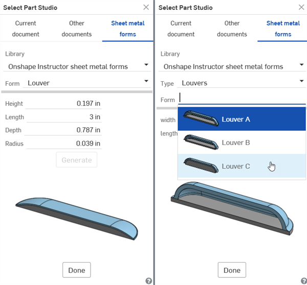 Selecting a form from the Select Part Studio dialog