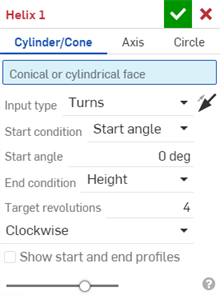 Boîte de dialogue Hélice avec type d'hélice cylindre/cône sélectionné