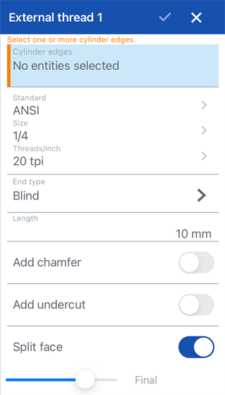 Boîte de dialogue de filetage externe par défaut pour la plateforme iOS