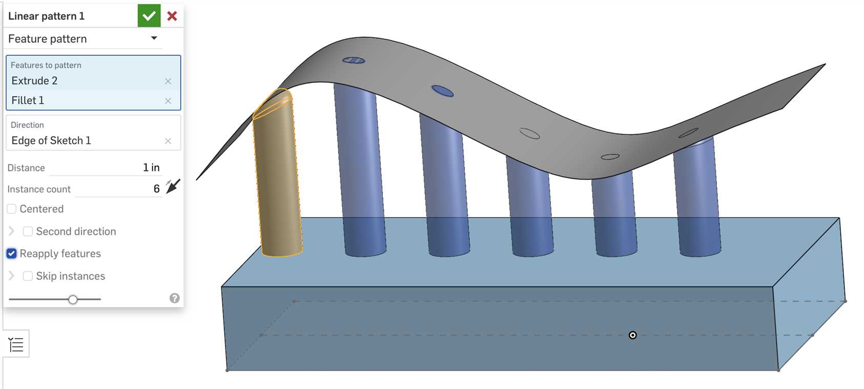 Exemple Extruder Jusqu'au prochain avec sélection de l'option Réappliquer les fonctions