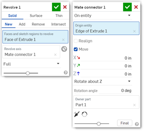 Revolve and Mate connector dialog