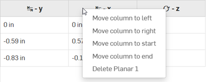 Menu contextuel de l'en-tête du tableau Positions nommées