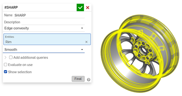 Variable de requête qui sélectionne toutes les arêtes lisses de la pièce