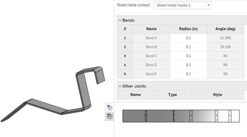 Exemple de modèle de tôlerie avec la table de tôlerie répertoriant les plis et les joints