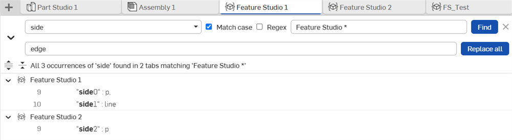 Search pane opened in a Feature Studio tab.