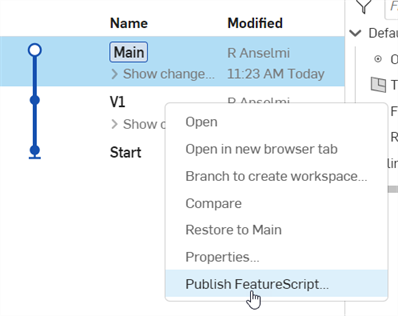 Publier FeatureScript depuis le panneau Versions et historique