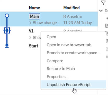 Unpublish FeatureScript from the Versions and history panel