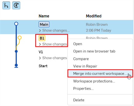 Accéder à Fusionner dans l'espace de travail actuel depuis le menu contextuel