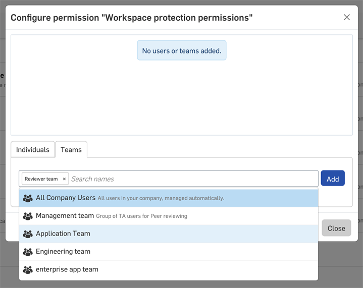 Tapez pour rechercher des noms et des e-mails dans le champ Rechercher de la boîte de dialogue Configurer les autorisations