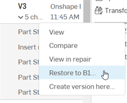 Restauration à partir du menu contextuel Versions et historique