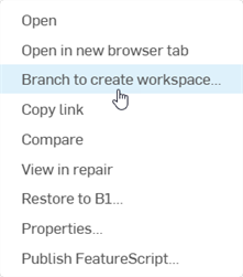 L'option Branche où créer un espace de travail... en surbrillance dans le menu contextuel