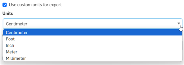 Boîte de dialogue Exporter : liste déroulante des unités personnalisées
