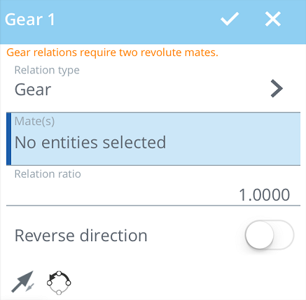 Relations dialog showing a gear relation