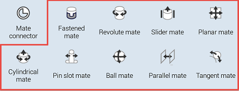 Example of various mates in Mates feature list